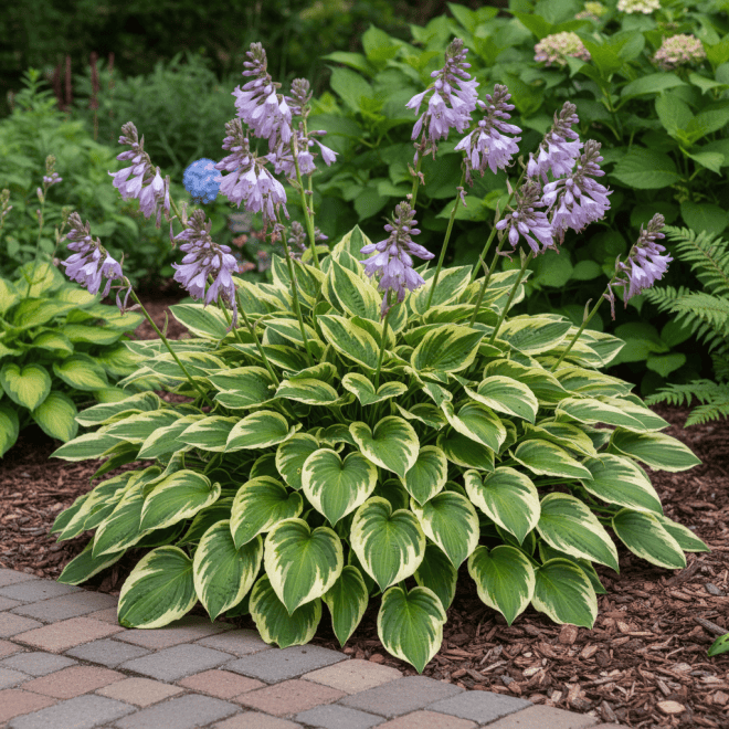 Funkia Hosta Wide Brim - piękna roślina ogrodowa z szerokimi liśćmi i kwiatami. Idealna do cienia i.