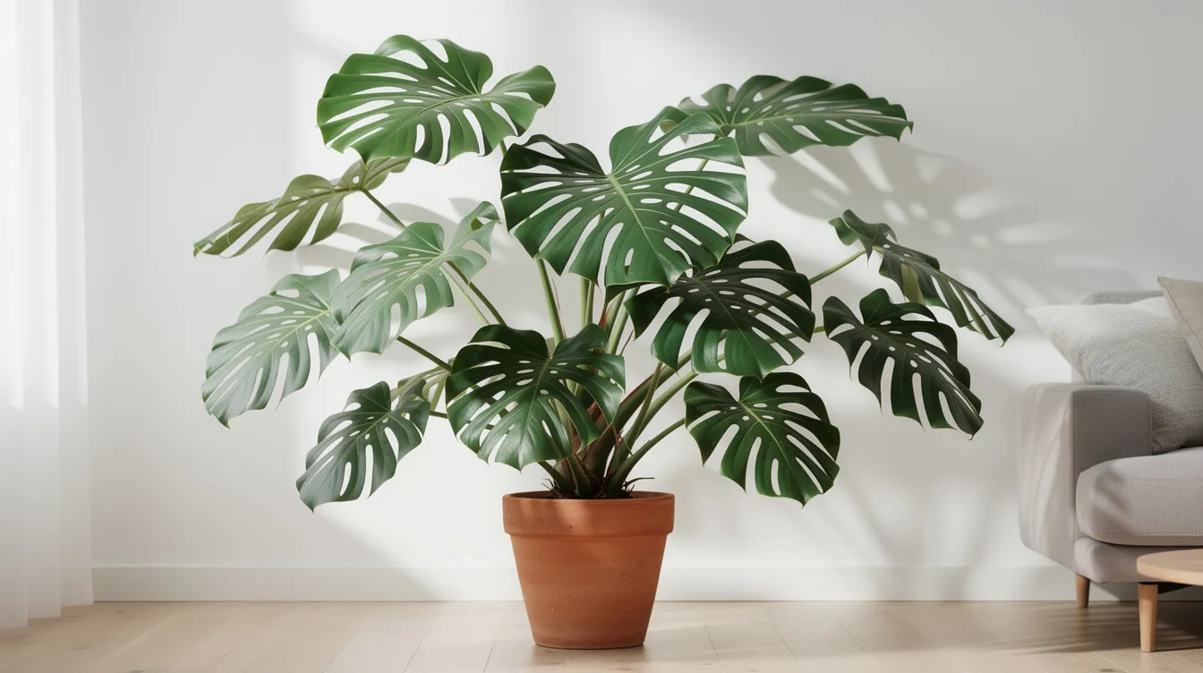 W jasnym salonie z białymi ścianami znajduje się duża monstera deliciosa w glinianej doniczce, charakteryzująca się dekoracyjnymi, ciemnozielonymi liśćmi. Ta popularna roślina doniczkowa doskonale oczyszcza powietrze i dodaje elegancji każdemu wnętrzu.