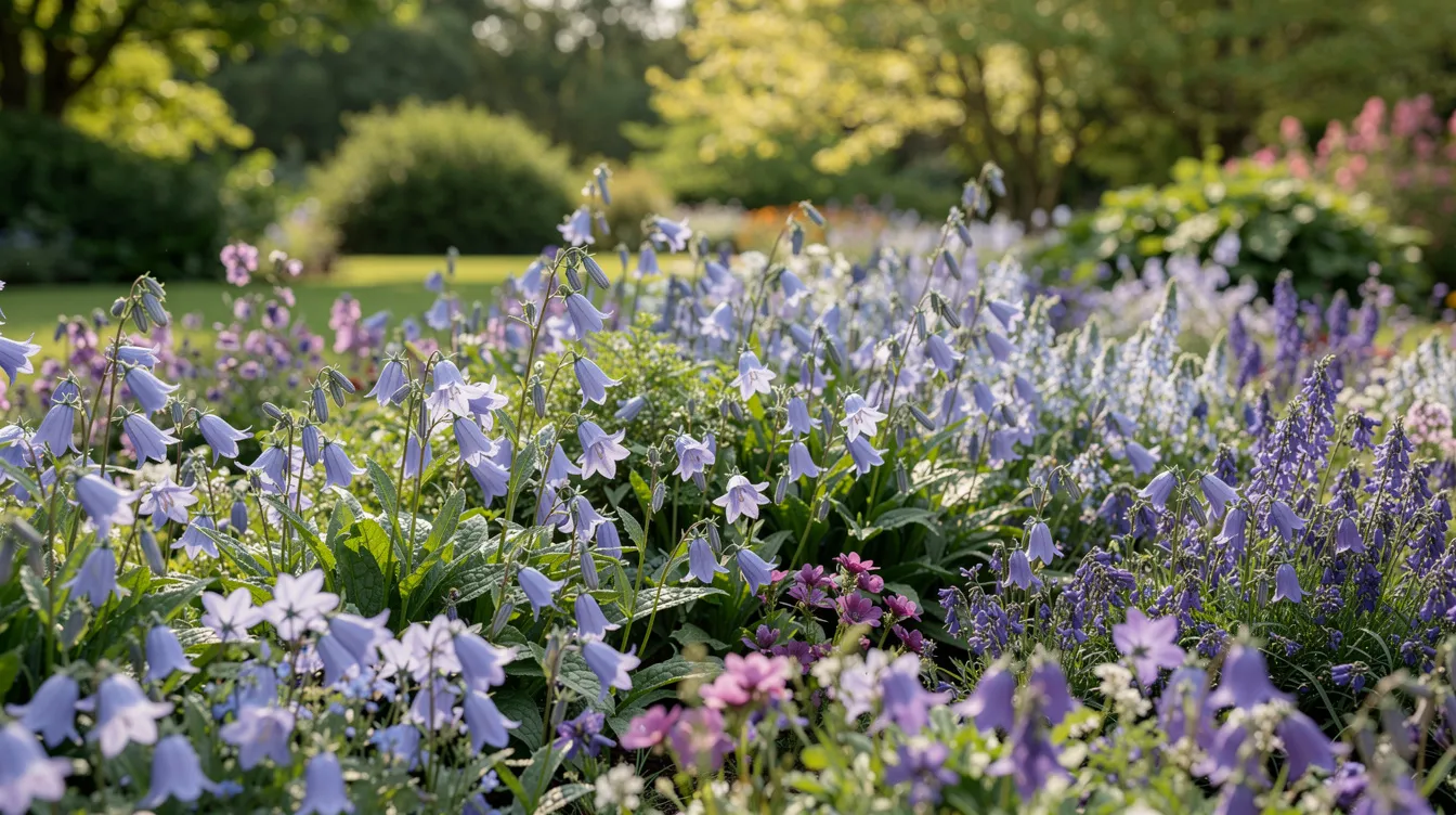 Na rozległej rabacie bylinowej w zielonym ogrodzie rosną obficie niebieskie i fioletowe kwiaty dzwonków, w tym gatunki takie jak dzwonek karpacki i campanula. Kwiaty te mają dzwonkowaty kształt i doskonale komponują się z liśćmi, tworząc malowniczy widok w słonecznym otoczeniu.