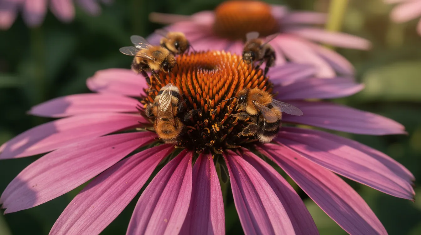 Na obrazie widoczne są kwitnące jeżówki purpurowe (echinacea purpurea) w ogrodzie, otoczone pszczołami zbierającymi nektar z ich dużych, purpurowych kwiatów. Roślina ta, będąca byliną, preferuje stanowiska słoneczne i charakteryzuje się obfitym kwitnieniem oraz dużą odpornością.
