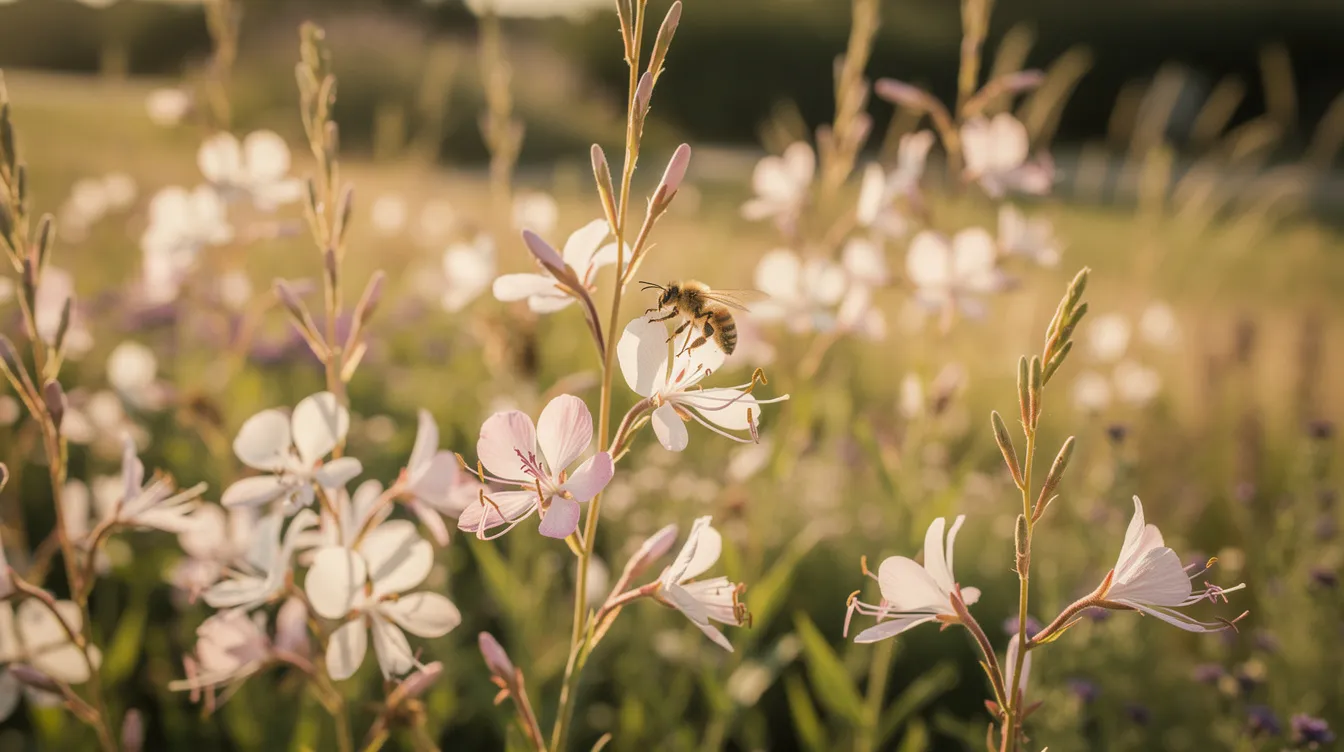 Na jasnoróżowych kwiatach gaury w słonecznym ogrodzie naturalistycznym przebywa pszczoła, zbierając nektar. Gaura, jako roślina wieloletnia, obficie kwitnie i jest doskonałym wyborem dla ogrodów, zwłaszcza w towarzystwie innych bylin.
