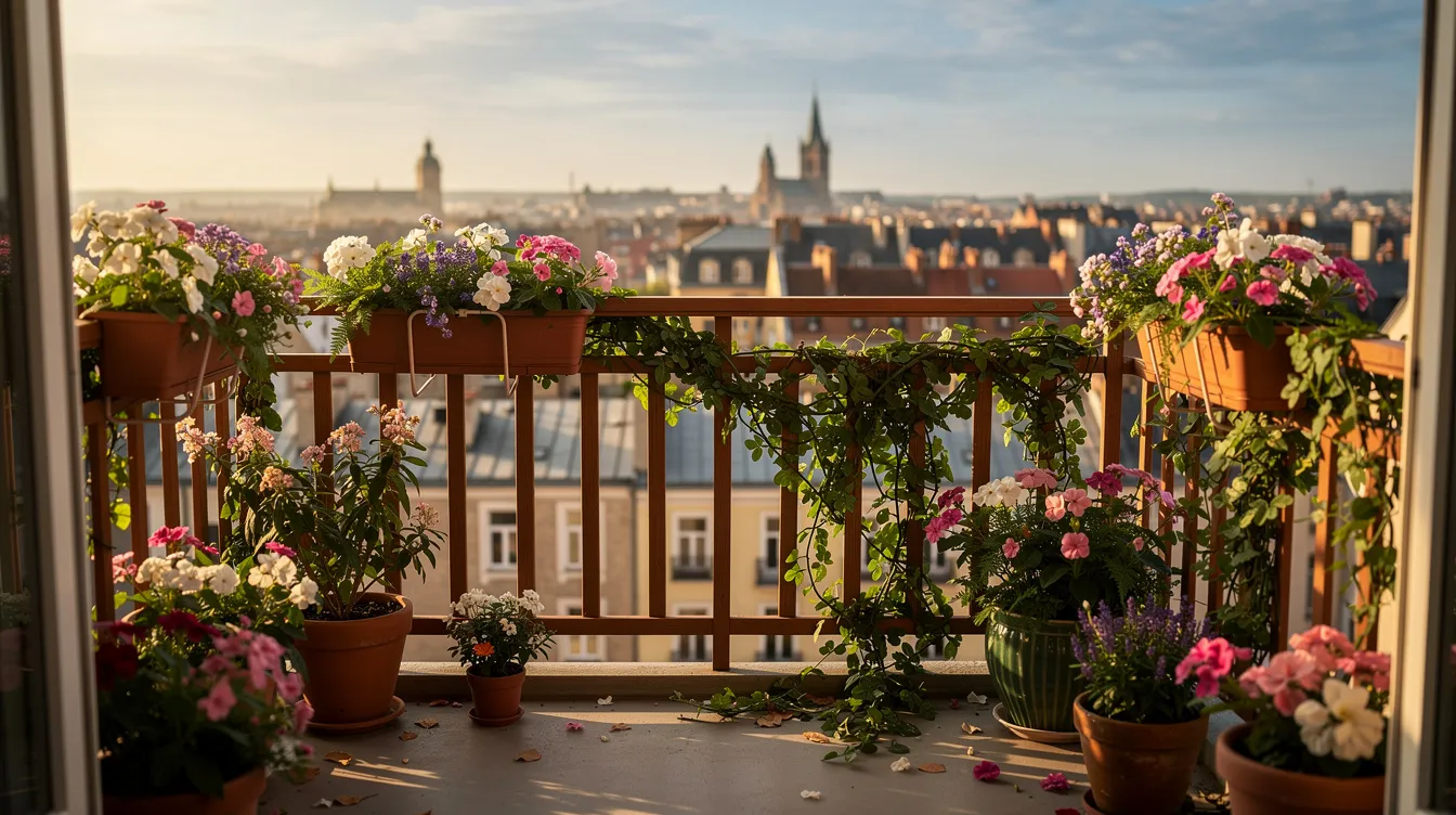 Na zdjęciu widoczny jest balkon z drewnianą balustradą, obrośnięty efektownymi, kwitnącymi pnączami w donicach, które tworzą zieloną ścianę roślinności. W tle rozciąga się panorama miasta, co dodaje uroku tej przestrzeni pełnej młodych roślin i dekoracyjnych liści.