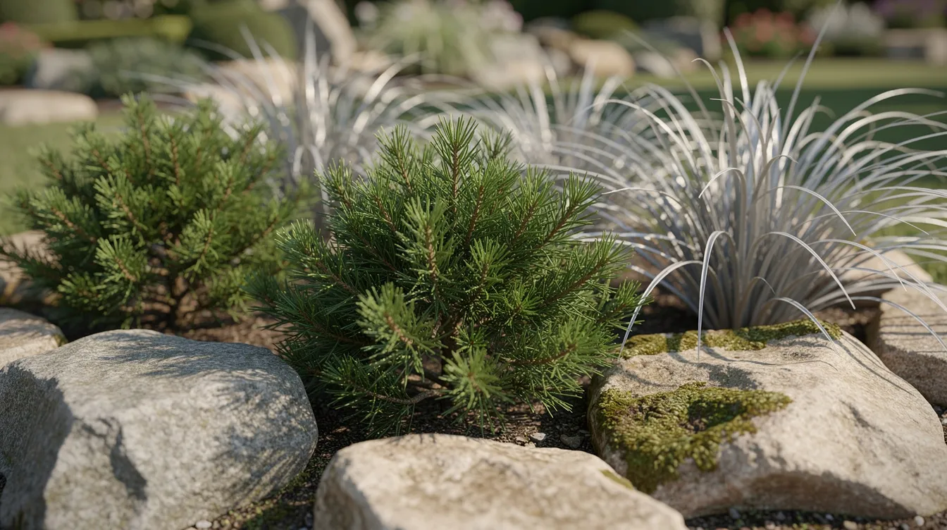 Na obrazku w ogrodzie skalnym widoczne są miniaturowe iglaki oraz srebrzyste trawy ozdobne, które rosną pomiędzy naturalnymi kamieniami. Rośliny te, w tym zimozielone liście i byliny niskie, tworzą harmonijną kompozycję w słonecznym stanowisku, idealną dla roślin płożących.