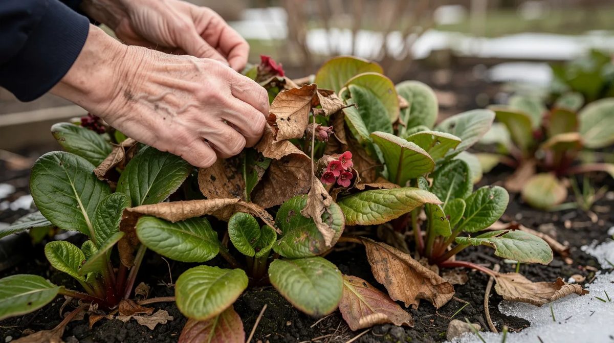 Dłonie ogrodnika starannie usuwają suche liście z kępy bergenii sercowatej wczesną wiosną, przygotowując roślinę do zdrowego wzrostu. Bergenia, znana ze skórzastych liści, jest byliną ozdobną, która dodaje uroku ogrodowi.